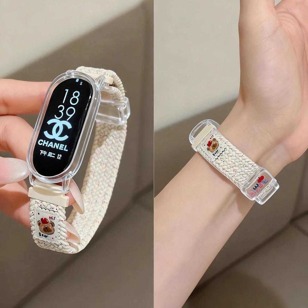 ลูกอม สีน่ารักหมีทอสายไนลอนกรณีสําหรับ เสี่ยวหมี่ For Xiaomi Mi band 10 9 8 สาวน่ารักเปลี่ยนวงสําหรับ For Mi band 7 6 5 4 3 กีฬาวงปก