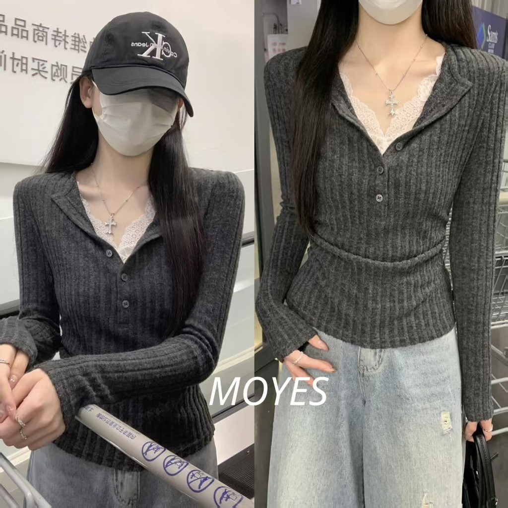 MOYES🔥ในสต็อก💗เสื้อถักคอวีลูกไม้เทียมสองชิ้นสีเทาสำหรับผู้หญิง ทรงเข้ารูปสไตล์ใหม่ ฤดูใบไม้ร่วงและฤดูหนาวปี 2025