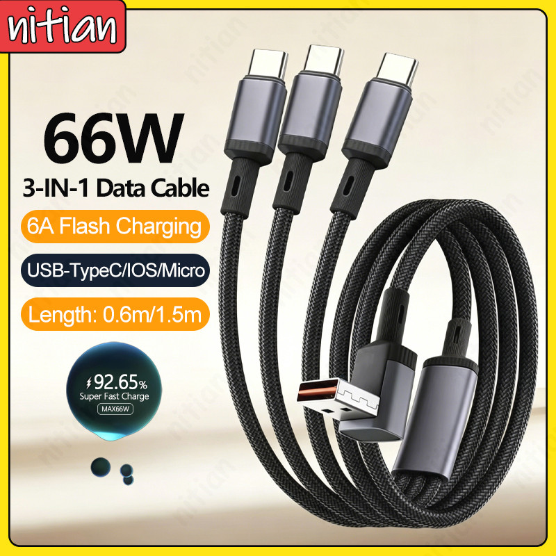 6A ข้อศอก USB Car Charger สายไฟ 66W 1-to-3 Fast สายชาร์จประเภท C/IOS/Micro Universal Charge ไนลอนถักโทรศัพท์สําหรับ IOS/Android