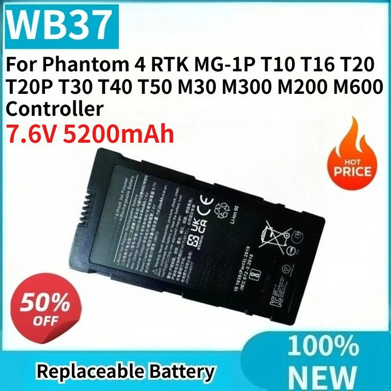 ใหม่เปลี่ยนแบตเตอรี่ WB37 7.6V 5200mAh สําหรับ Phantom 4 RTK MG-1P T10 T16 T20 T20P T30 T40 T50 M30 