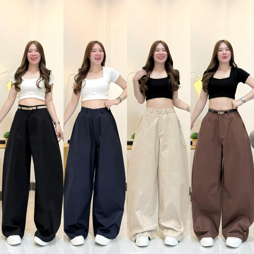 NEW!! G88 กางเกงทรงบาเรล เอวสม็อค ตะขอหน้า ซิปหน้า ผ้าคอมทวิ