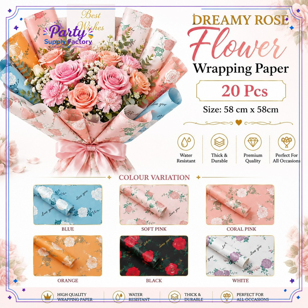 20 ชิ้น FLOWER WRAPPING PAPER DREAMY ROSE PATTERN / BOUQUET WRAPPER / FLORIST / KERTAS PEMBA
