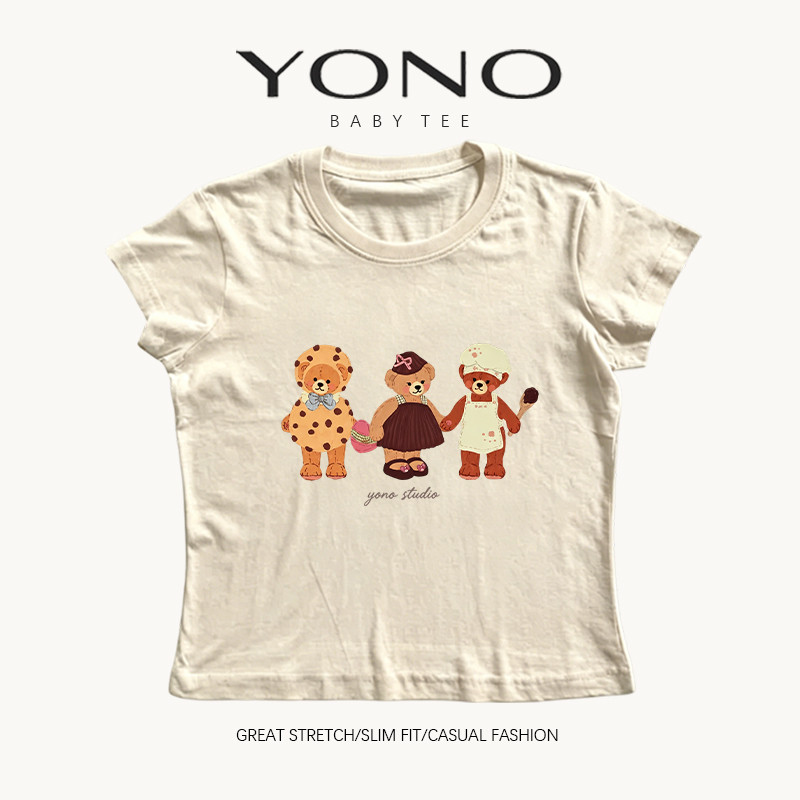 (พร้อมส่ง24ชม.) baby tee สีเบจ ลายหมีสามตัว ฟีลวินเทจน่ารัก ทรงเข้ารูป ใส่ชิคทุกวัน