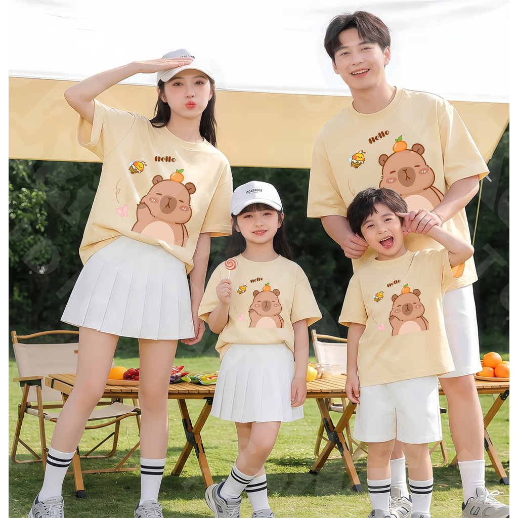 🔥พร้อมส่ง&COD🔥RINA🔥เสื้อคู่ครอบครัวฤดูร้อน ลาย คาปิบาราส้ม Hello น่ารัก ผ้านุ่มระบายอากาศ เหมาะไปเที่ยวถ่ายรูป#15