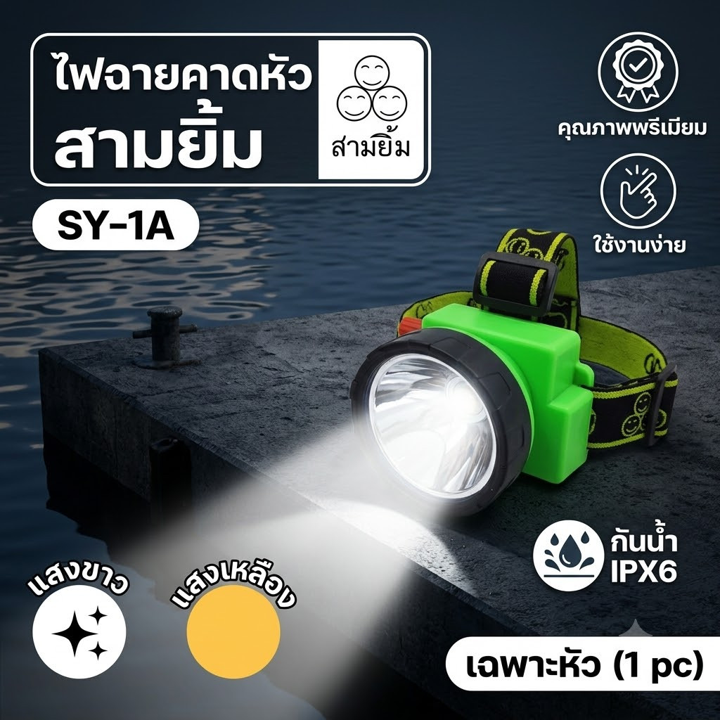 ไฟฉายสามยิ้ม SY-1 A ของแท้ ไฟฉายคาดหน้าผาก ตราสามยิ้ม รุ่น SY-1 A ไฟดำน้ำ ไฟกรีดยาง ไฟส่องสัตว์