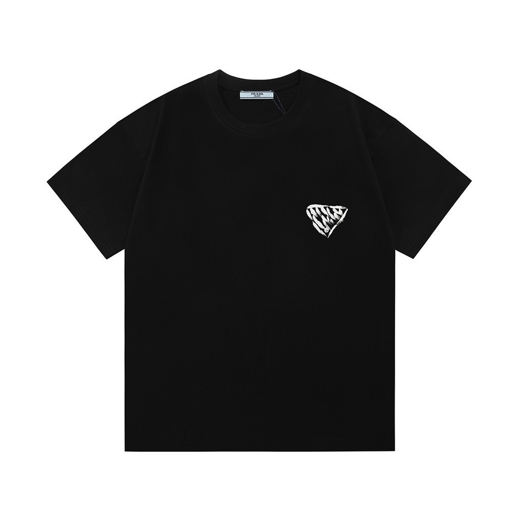 PRADA ฤดูร้อนแขนสั้นเสื้อยืดขนาดใหญ่สไตล์คลาสสิก All-Match Classy Commuter Basic Contrast สีรอบคอ Ca