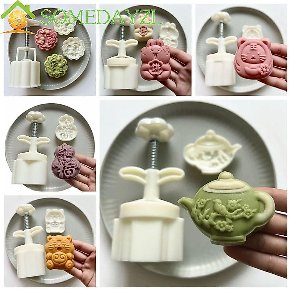 SOMEDAYZL แม่พิมพ์ขนมไหว้พระจันทร์, 75g พลาสติกมือกด Mould, Gadgets ครัวกาน้ําชารูปร่างการ์ตูน Mini Pastry Mold เค้กคุกกี้