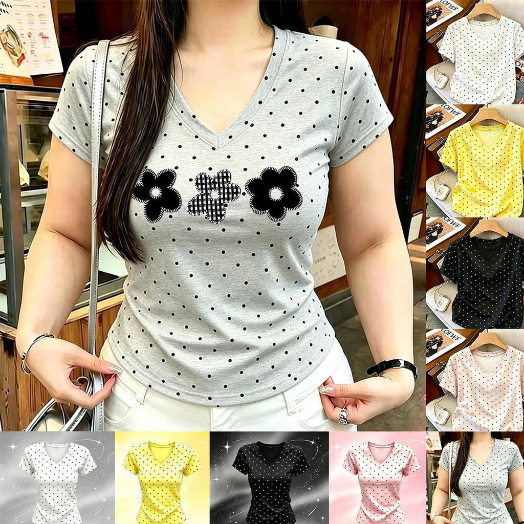 COD (พร้อมส่ง 24 ชมเสื้อยืดแขนสั้นลายจุด เหมาะสาวอ้วนไซส์ใหญ่ ช่วยซ่อนหุ่น ไหล่ผู้หญิง สไตล์เกาหลี สไตล์สาวแซ่บบริสุทธิ์