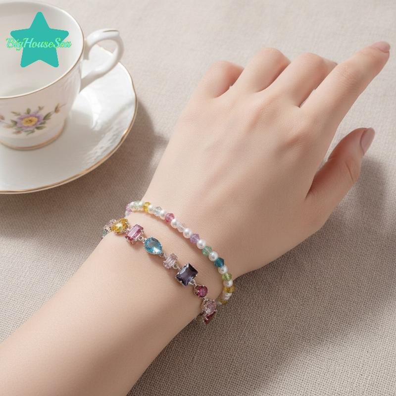 [Sea-t] สร้อยข้อมือคริสตัลประกายแฟชั่นสําหรับผู้หญิง Dainty สีสันเพทายโซ่โลหะเครื่องประดับข้อมือสําหรับงานแต่งงานอุปกรณ์เสริม
