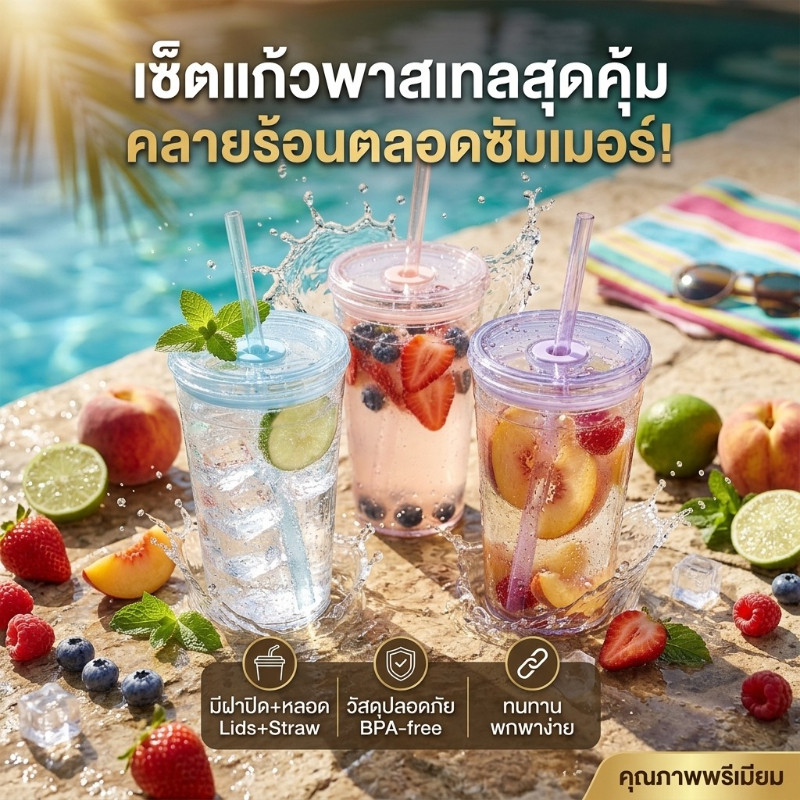 แก้วน้ำ พร้อมหลอด แก้วน้ำสองชั้น ฝาปิดกันหก น้ำหนักเบา สีพาสเทล ใช้ซ้ำได้