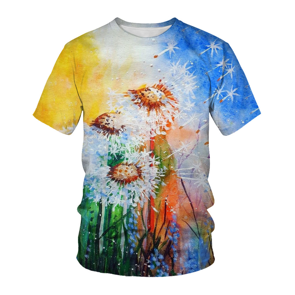 ฤดูร้อนแขนสั้นเสื้อยืดผู้ชาย 3D พิมพ์ดิจิตอลดอกไม้นกรอบคอหลวมผู้ชายครึ่งแขน Bo