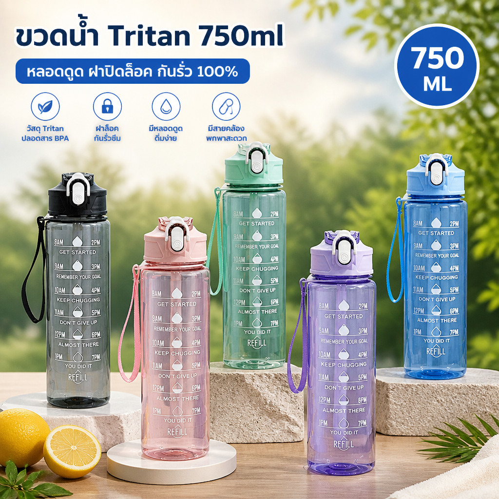 แก้วน้ำพลาสติกใส ความจุขนาดใหญ่ 750 มล มีหลอดดูด ฝาเด้งกันฝุ่น มีหลอดดูด ฝาเด้งกันฝุ่น