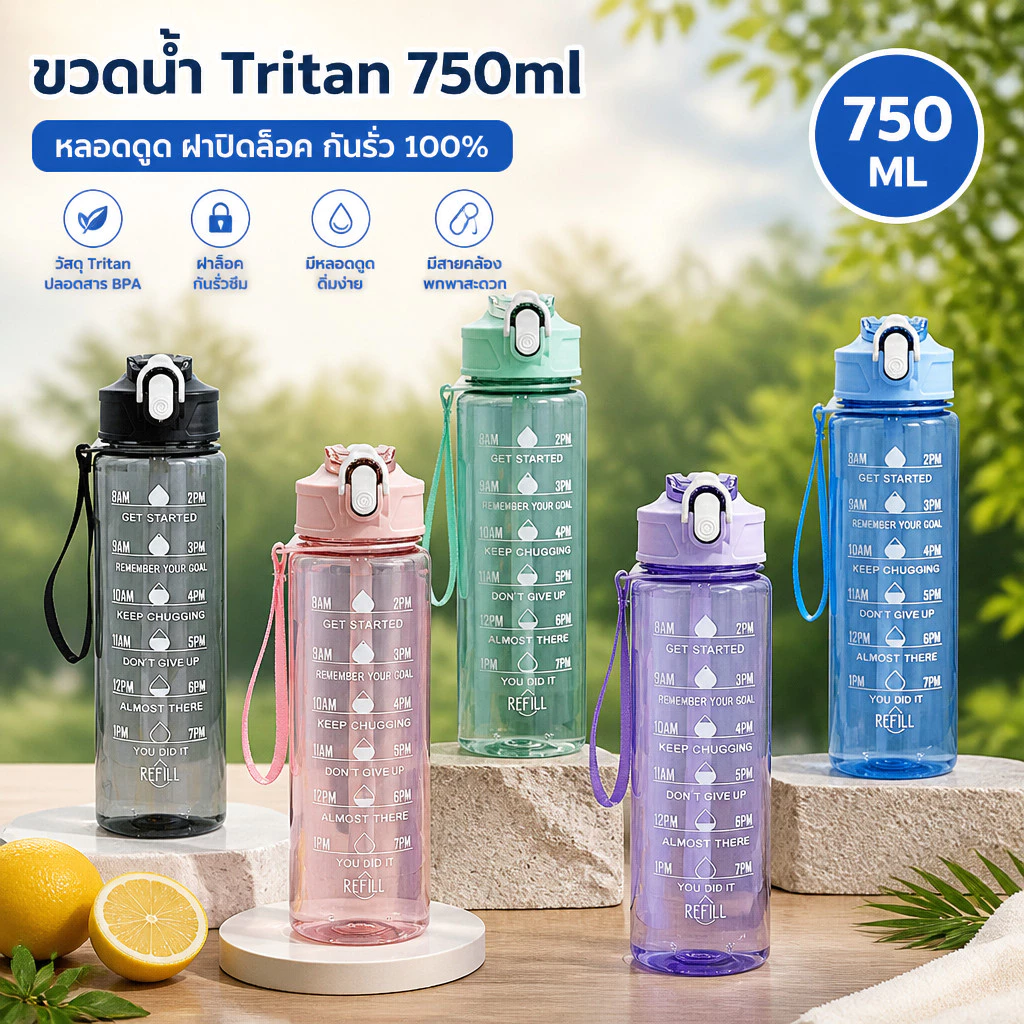 แก้วน้ำพลาสติกใส ความจุขนาดใหญ่ 750 มล มีหลอดดูด ฝาเด้งกันฝุ่น มีหลอดดูด ฝาเด้งกันฝุ่น 