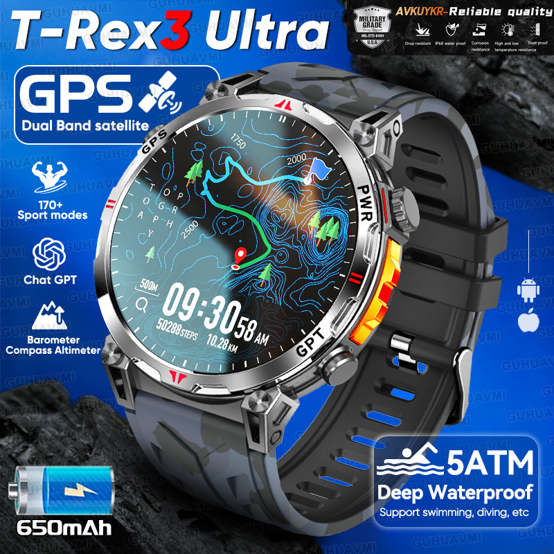 2026New ทหาร T-Rex3 Ultra GPS SmartWatch ในตัว GPS เข็มทิศเครื่องวัดระยะสูงบารอมิเตอร์ 5ATM กันน้ํา 