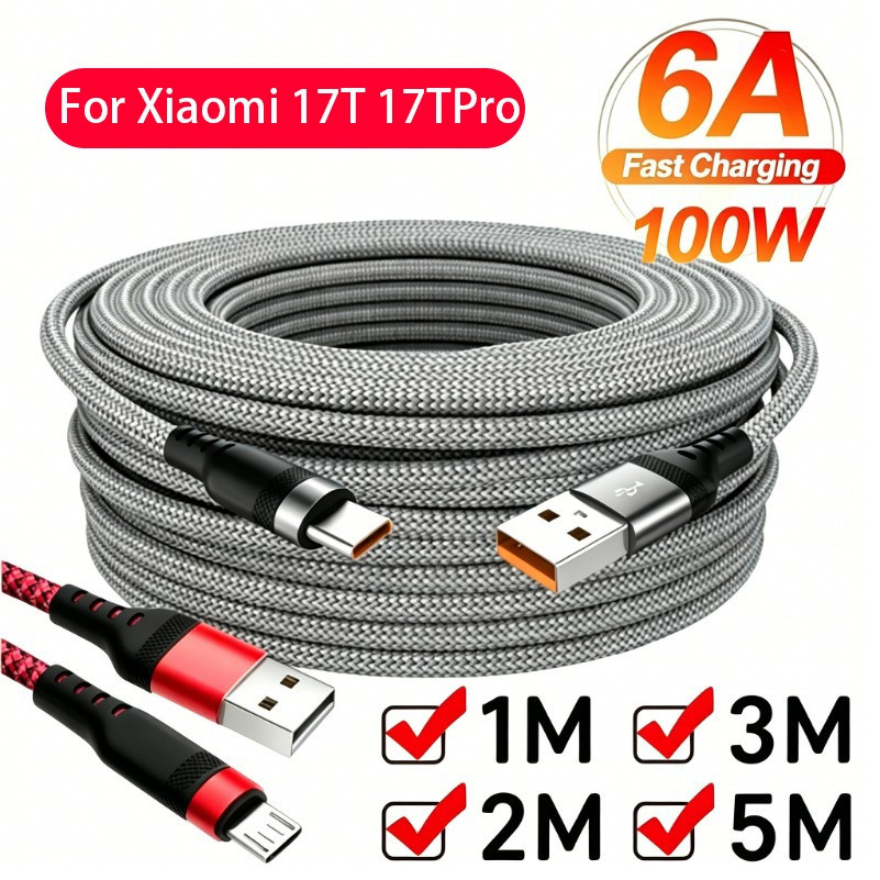 KYBF 6A Fast CHARGING ขยาย USB Type-C ข้อมูลสายยาวพิเศษใน 1M 2M 3M 5M ปลอดภัยทนทานสายชาร์จสําหรับ Xiaomi 17T 17TPro สาย USB C ชาร์จเร็ว