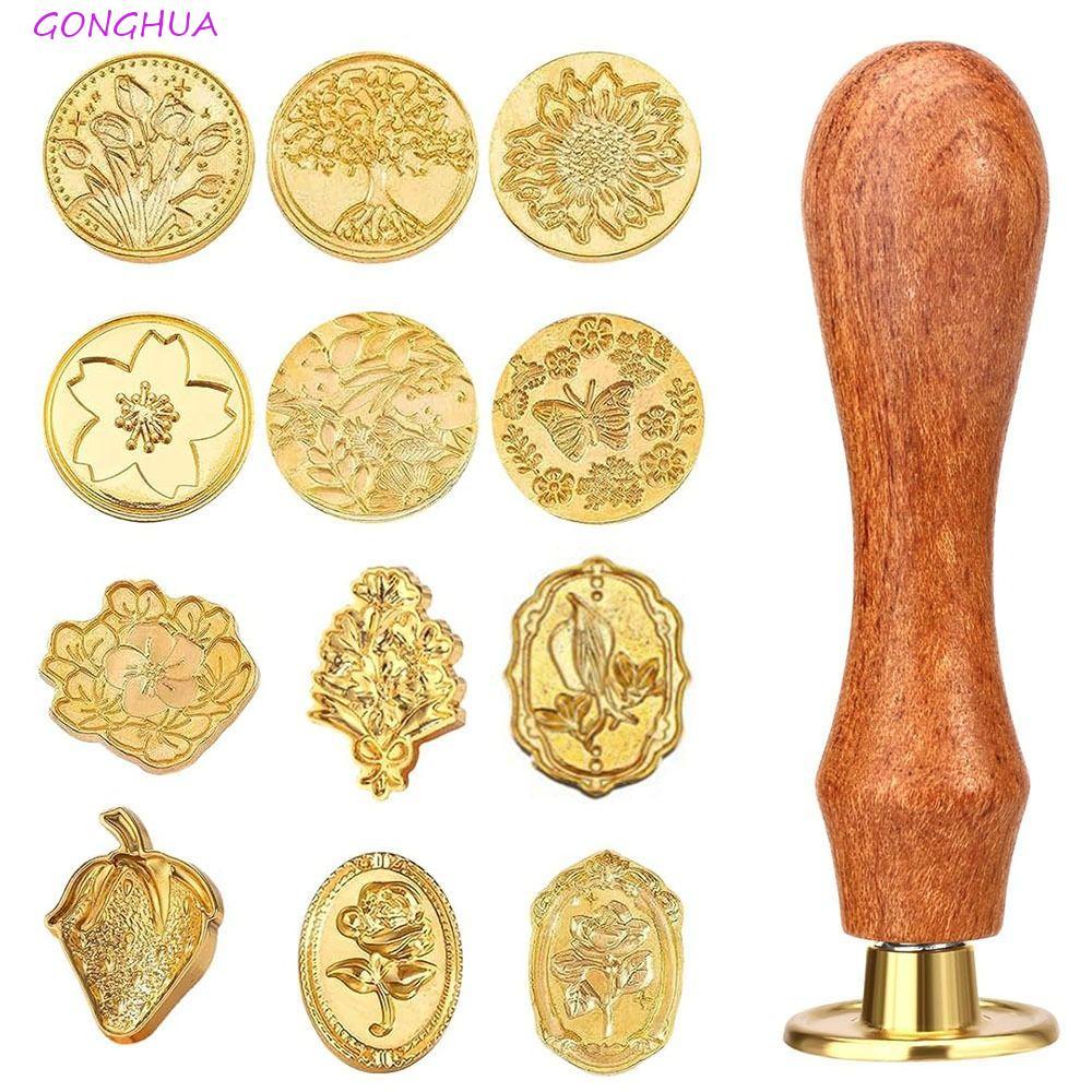 GONGHUA 8/10/12 ชิ้น Lacquer Seal Head แสตมป์ชุด, Retro Creative Wax Seal แสตมป์หัวชุด,ไม้ Handle Multishape DIY Craft เคลือบหัวซีลเชิญการ์ดซองจดหมาย