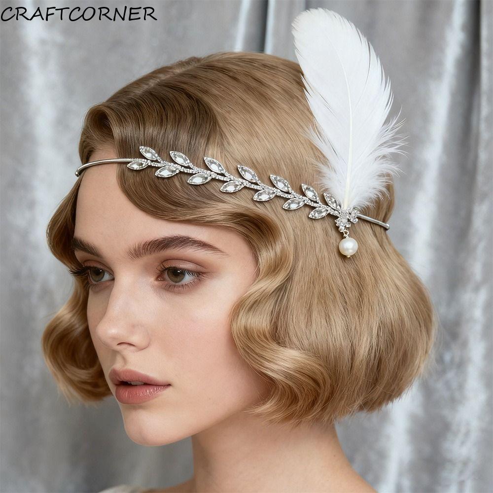 CRAFTCORNER ที่คาดผมขนนกสไตล์ Gatsby, Fascinator คริสตัลคอสเพลย์ชุด Headwear, ประณีตเพทาย Rhinestone Elegant 1920s อุปกรณ์เสริมผมหญิง