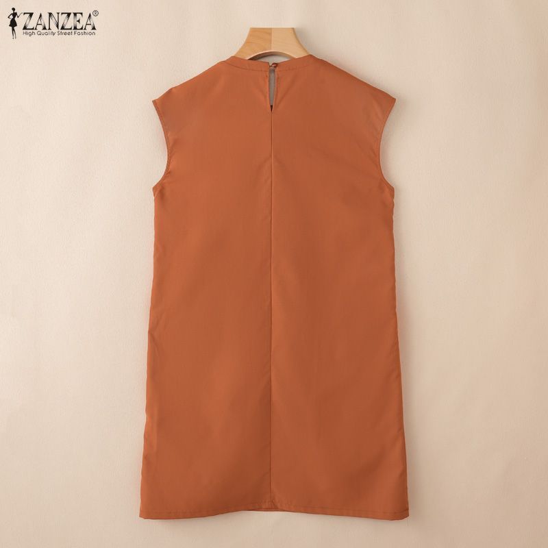 ZANZEA ชุดเดรสคอกลมแขนกุดลําลองสไตล์เกาหลีสําหรับผู้หญิงมีกระเป๋าเหนือเข่า A-Line — صورة 8