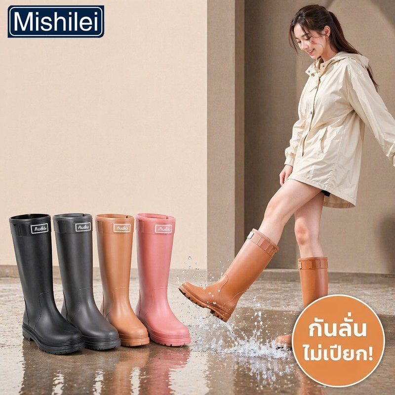 Mishilei รองเท้าบูทกันฝนผู้หญิง ทรงสูง PVC กันน้ำ กันลื่น พื้นยาง พื้น PU นุ่ม น้ำหนักเบา ใส่สบาย