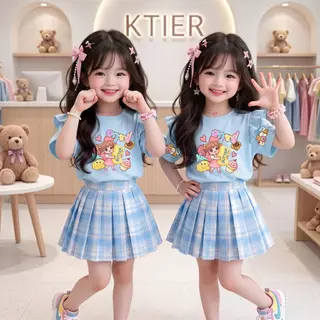 ชุดเซ็ทเด็ก2ชิ้น เสื้อลายสกุชชี่ Squishy สุดฮิต แขนปีกนก+กระโปรงอัดพลีท