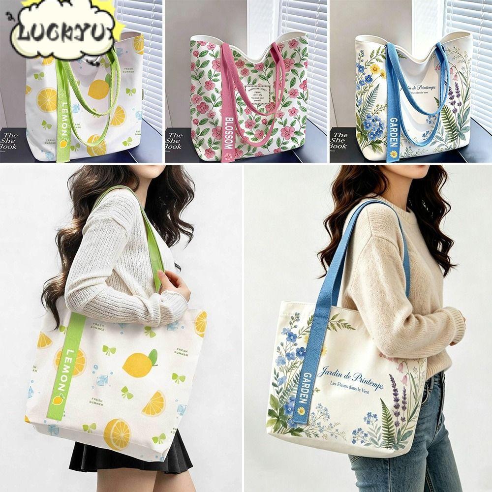 LUCKYU กระเป๋าสะพายไหล่เดี่ยว,ความจุขนาดใหญ่ Floral & Lemon Print Tote Bag, ทนทาน Open Top Canvas Commute Bag ของขวัญ
