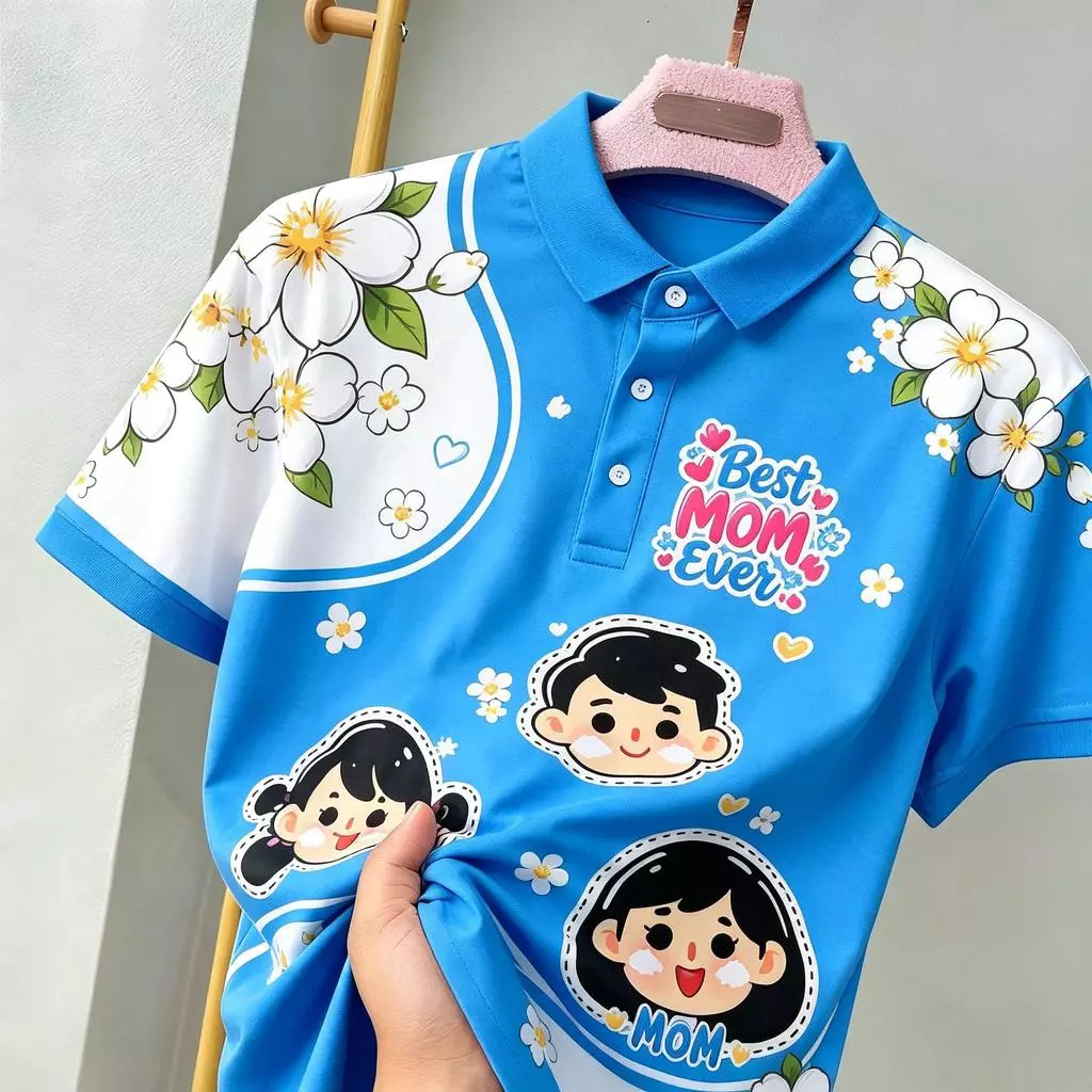 เสื้อโปโลและเสื้อยืดวันแม่ 12 สิงหาคม สีฟ้าและสีชมพู พิมพ์ลายจัสมินระเหิดเต็มรูปแบบ เหมาะสําหรับเป็นของขวัญสําหรับแม่