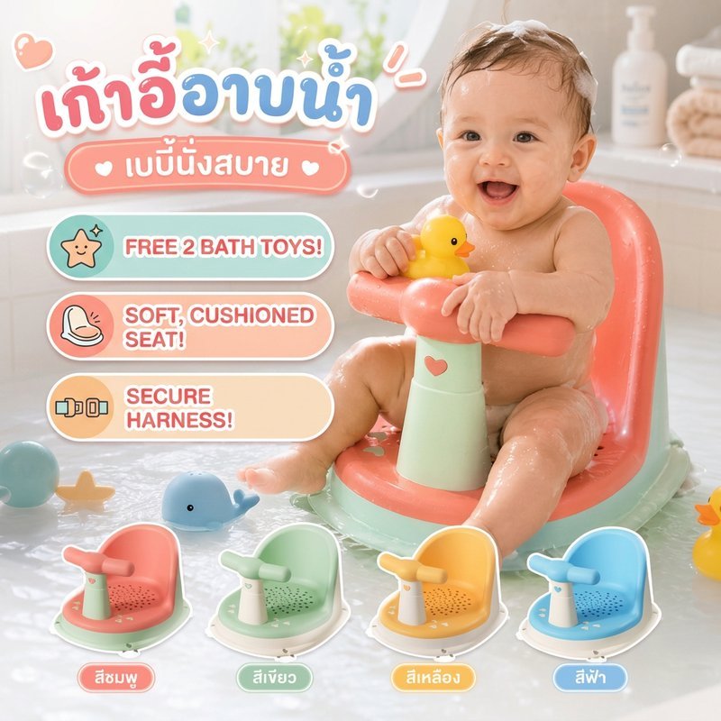 เก้าอี้อาบน้ำเด็ก กันลื่น ที่นั่งอาบน้ำทารก มีที่จับ เก้าอี้นั่งอาบน้ำเด็ก แบบการ์ตูน PP TPE