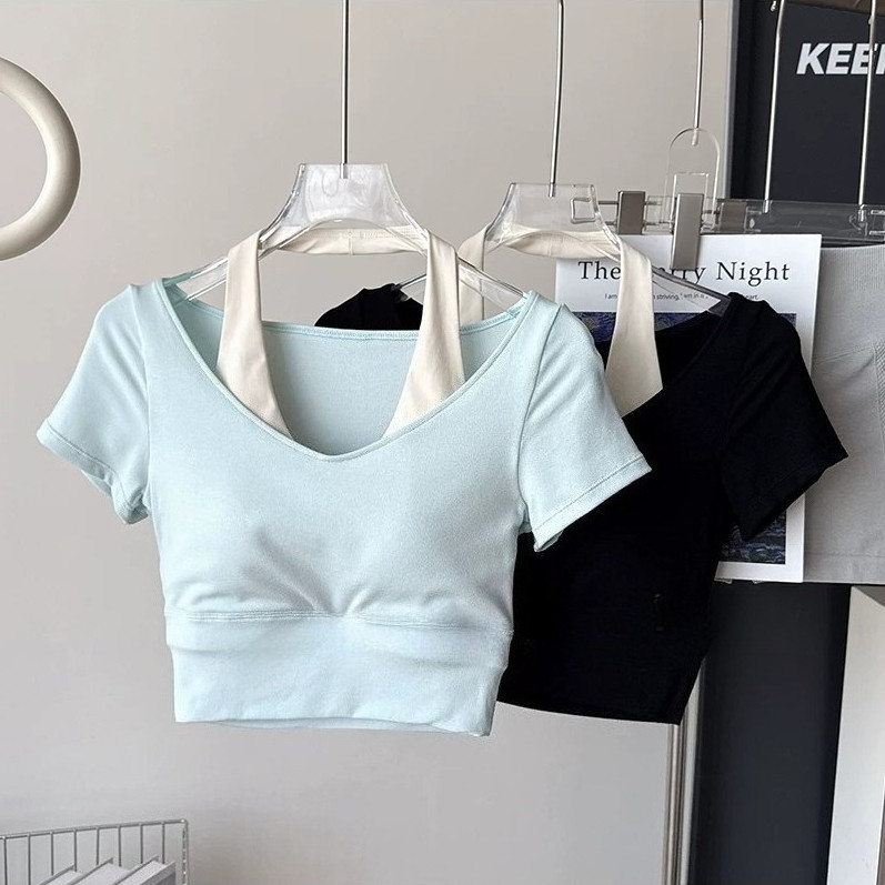 MAGIEYOGA(เบาะคงที่) Sports Crop Top เซ็กซี่ Halter เสื้อยืดกระชับสัดส่วนโยคะวิ่ง