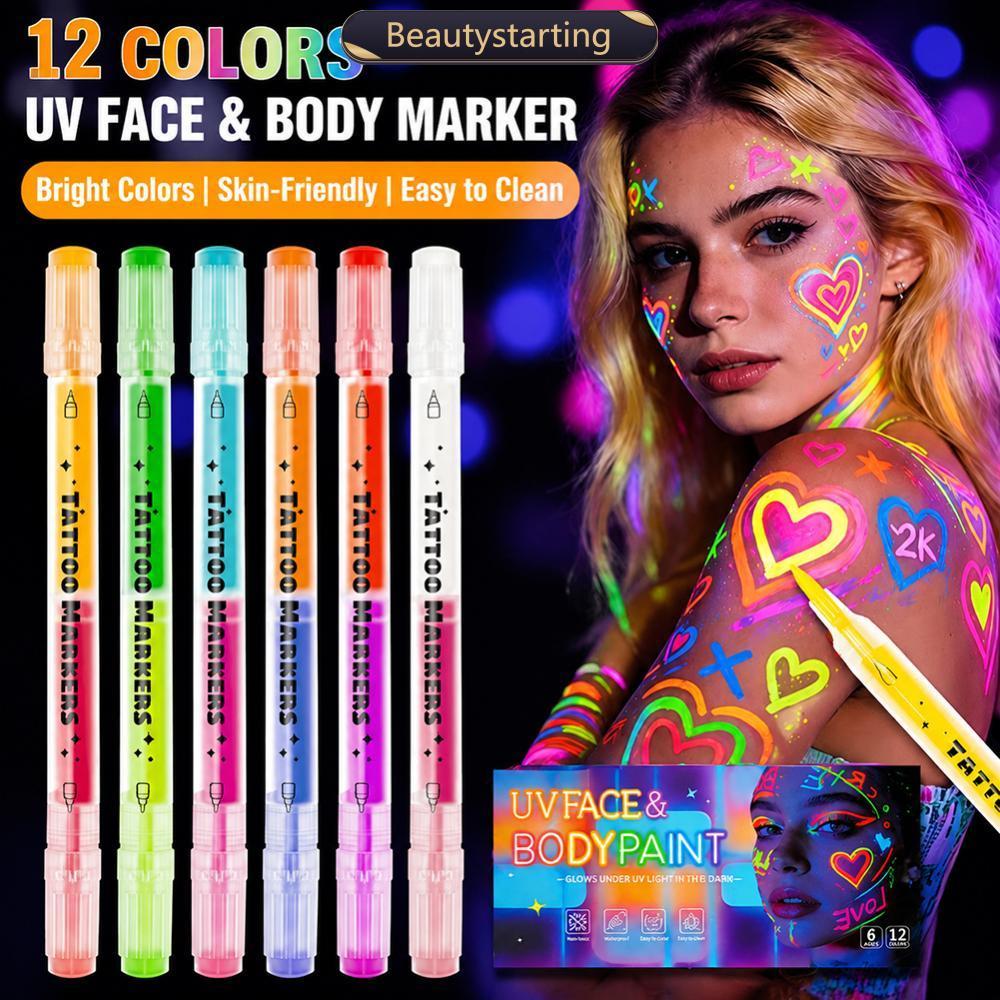 BEAUTYSTARTING Double-Tip เรืองแสงชั่วคราว Tattoo ปากกา Body Paint Markers ล้างทําความสะอาดได้ Face 