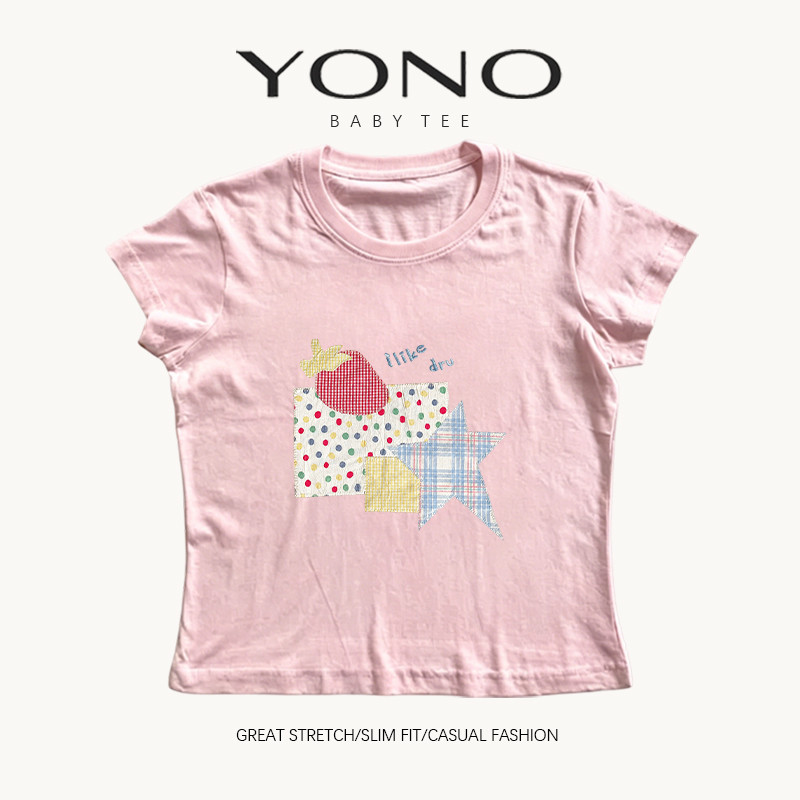 (พร้อมส่ง24ชม.) YONO baby tee สีชมพู ลายดาวตารางและกราฟิกพาสเทล ทรงเข้ารูป สไตล์เกาหลี y2k