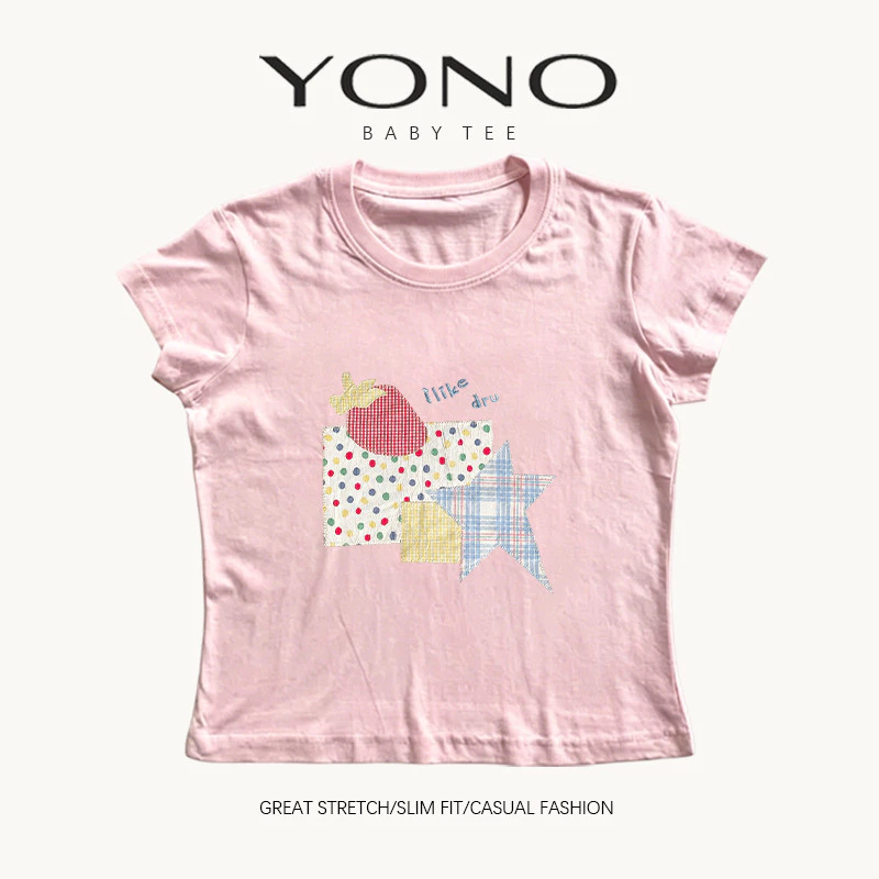 (พร้อมส่ง24ชม.) YONO baby tee สีชมพู ลายดาวตารางและกราฟิกพาสเทล ทรงเข้ารูป สไตล์เกาหลี y2k