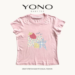 (พร้อมส่ง24ชม.) YONO baby tee สีชมพู ลายดาวตารางและกราฟิกพาสเทล ทรงเข้ารูป สไตล์เกาหลี y2k