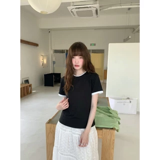 B&R พร้อมส่ง เสื้อยืดแขนสั้นคอกลม เสื้อทรงหลวมตัดสีขอบ เนื้อผ้านุ่มไม่ยับ ผู้หญิงฤดูร้อน สไตล์เกาหลี