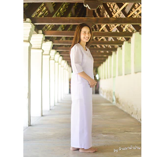 เสื้อแม่ชี แขน 3 ส่วน (เสื้อขาวปฏิบัติธรรมหญิง) รอบอก 36 - 50 นิ้ว (ผ้าป่าน ผ้าไม่หนา-ไม่บาง) ใส่ไปวัด ทำบุญ นั่งสมาธิ