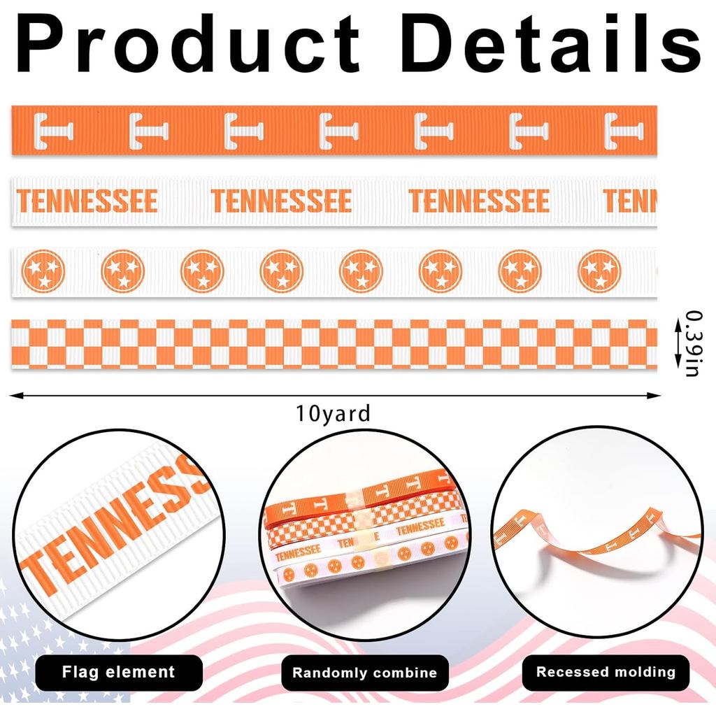 Hying 4 PCS Tennessee Ribbons สําหรับหัตถกรรม, 3/8" กว้างสีส้มสีขาว Grosgrain Ribbons Buffalo ลายสก๊