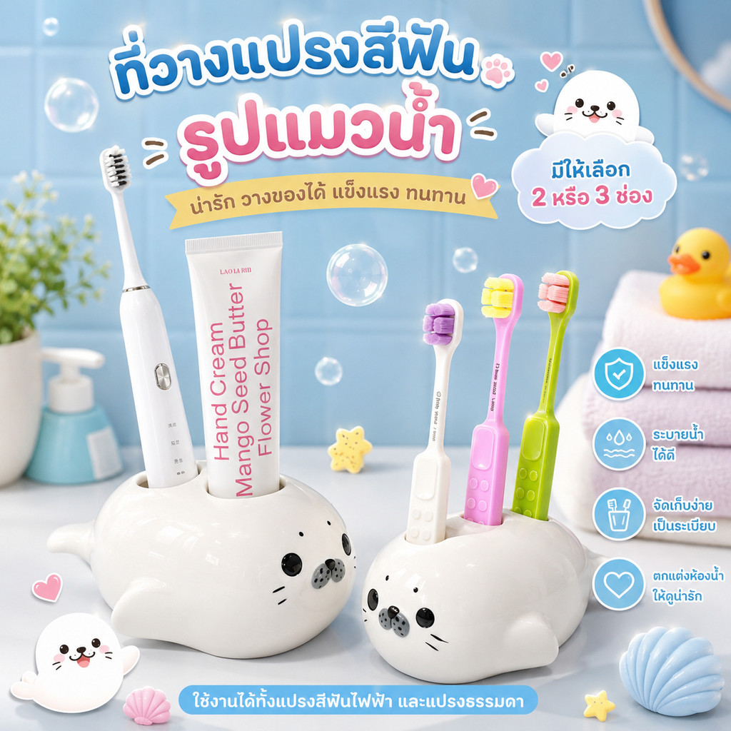 COD ที่วางแปรงสีฟันเซรามิกลายสิงโตทะเลน่ารัก มี 2/3 หลุม ทนทาน ชั้นวางแปรงสีฟัน ตกแต่งห้องน้ำ