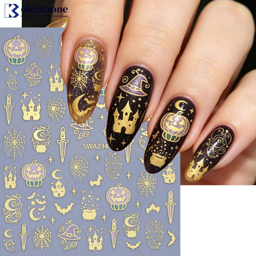 OKCATZONE Bronzing ฮาโลวีน Magic Nail Art Glitter สติกเกอร์ปราสาท Wizards หมวก Ghost ฟักทอง 3D กาว D
