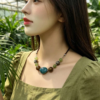 Elegant สีสันลูกปัด Bib สร้อยคอชาติพันธุ์ Boho ลูกปัดอะคริลิคเรขาคณิตสไตล์สร้อยคอสั้นหนัง Choker Chunky Choker สร้อยคอ