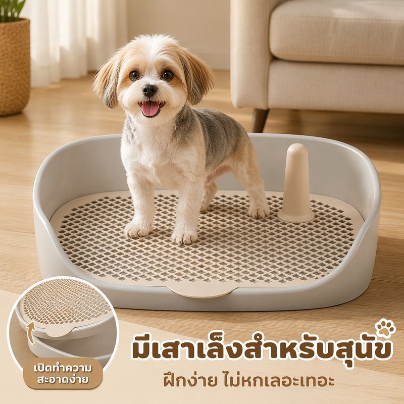 ถาดรองฉี่สุนัข ห้องน้ำหมา ในร่ม ถาดฉี่สัตว์เลี้ยง 2 ชั้น ตะแกรงกันแผ่นรอง ขอบสูง 3 ด้าน มีเสาเล็ง