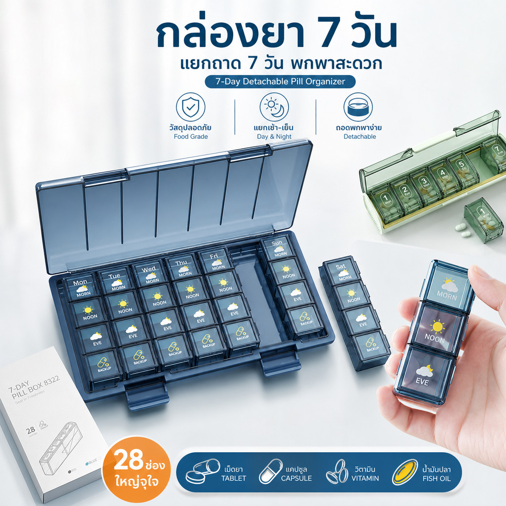 รุ่นอัปเกรด กล่องยา 7 วัน 28 ช่อง แบ่ง 4 เวลาต่อวัน ปิดผนึกดี กันฝุ่นกันความชื้น หลากสี พกพาสะดวก