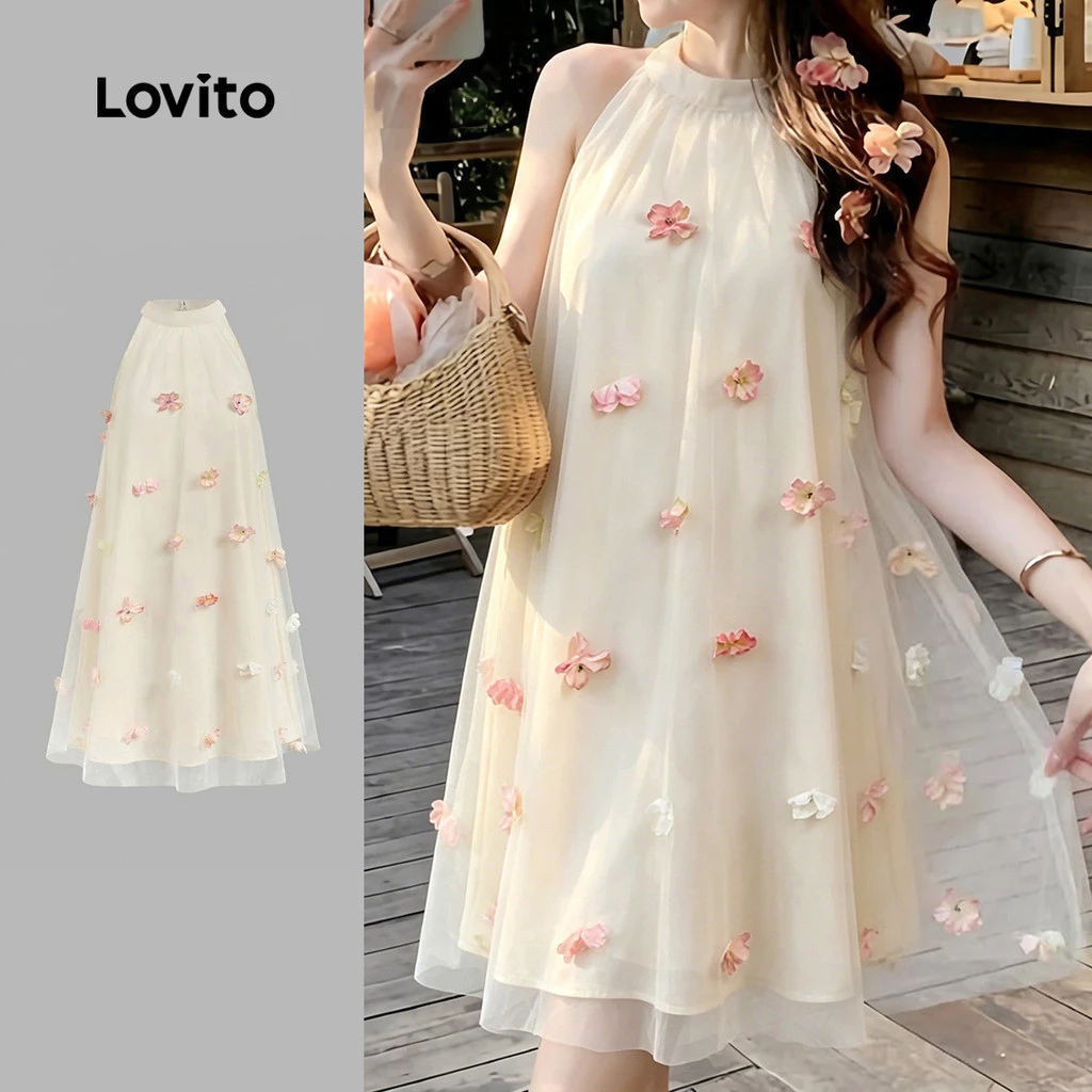 Lovito เดรสผ้าลินินเนื้อดี สไตล์รีสอร์ทสุดหรู ใส่สบาย เหมาะสําหรับฤดูใบไม้ผลิ/ฤดูร้อน เดรสสีคากีอ่อนสําหรับผู้หญิง LK4ED1820