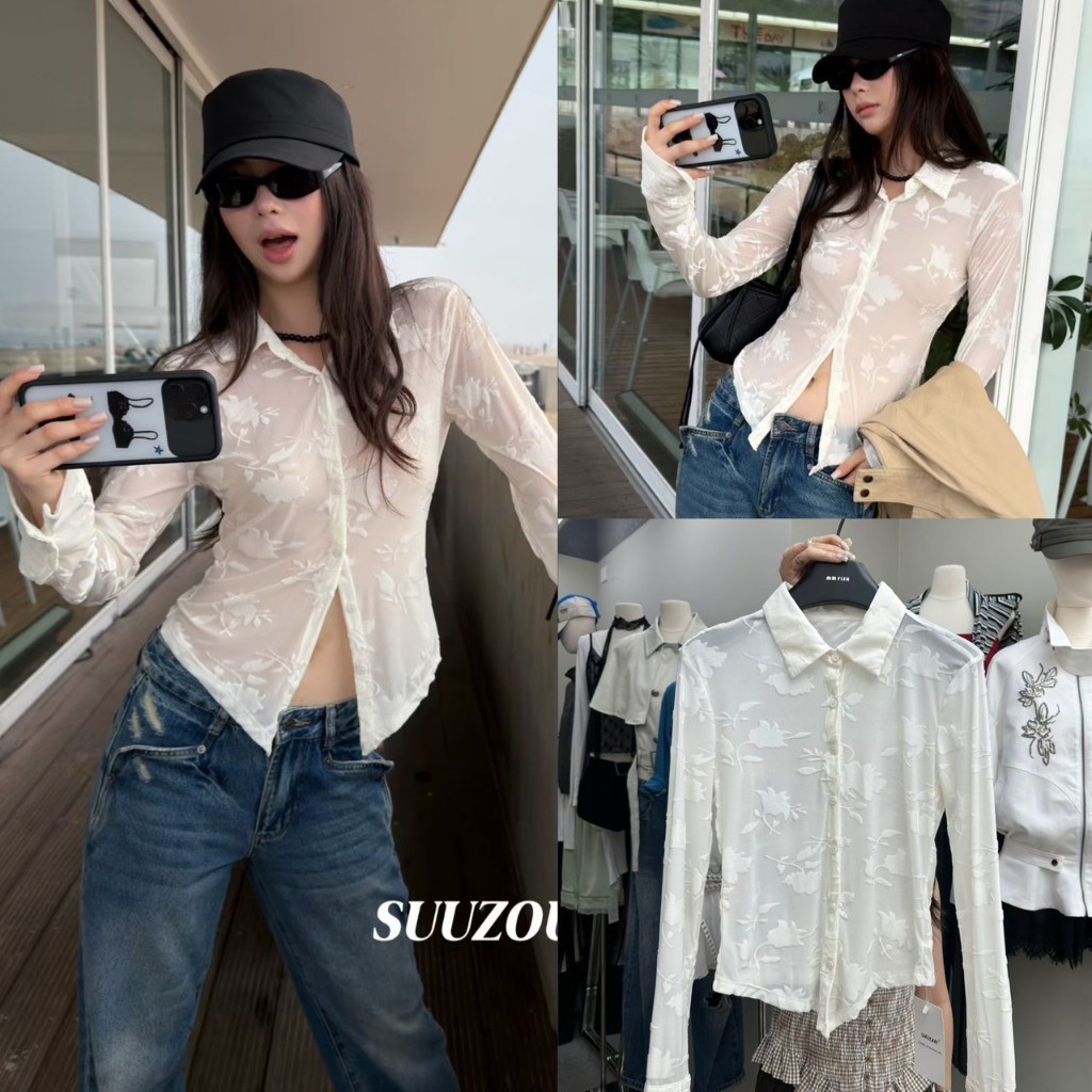 SU533 Floral Mesh Sheer Shirt (Off-White) เสื้อเชิ้ตผ้าซีทรูแต่งลายนูนดอกไม้สุดพรีเมียม TAG MM Fish