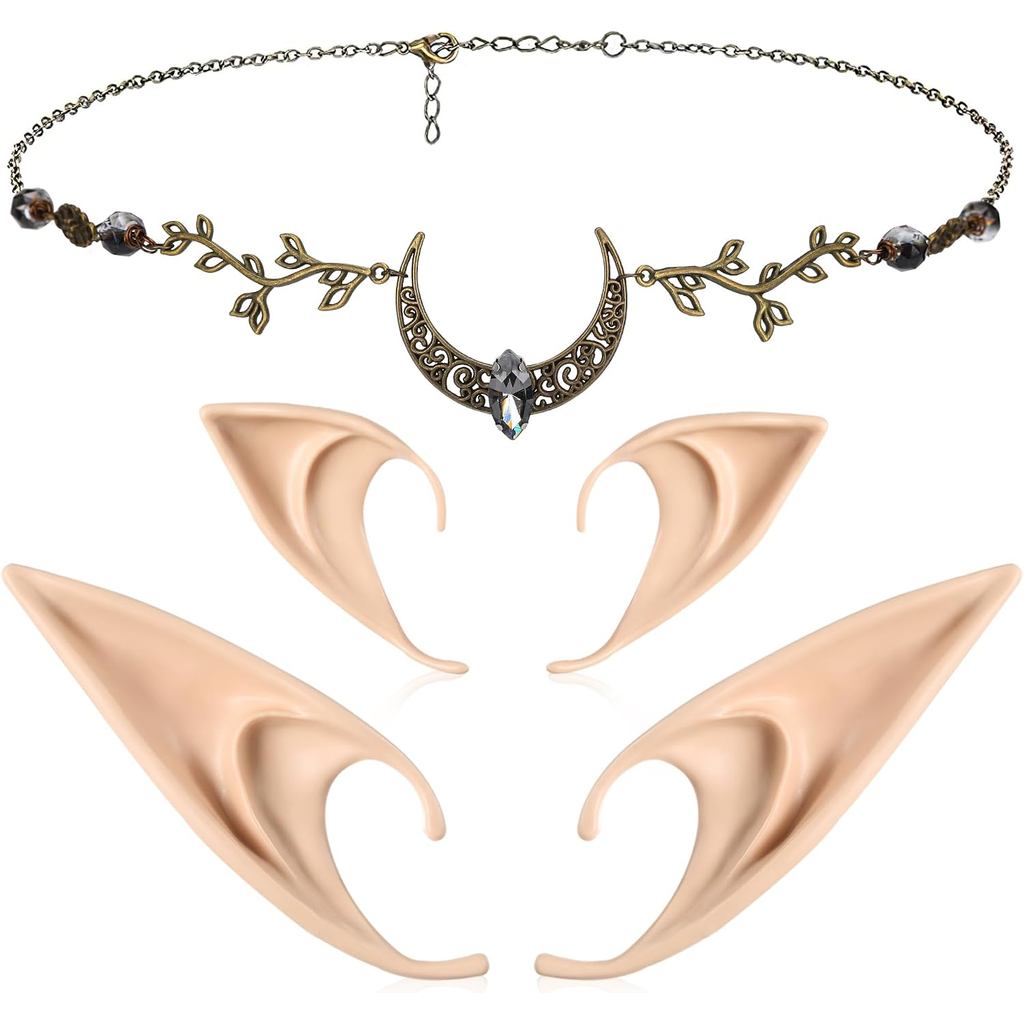 FRESHME Elf Ears with Headpiece - 2 คู่ Fairy Elven Ears และชุดโซ่หัวดวงจันทร์วินเทจ
