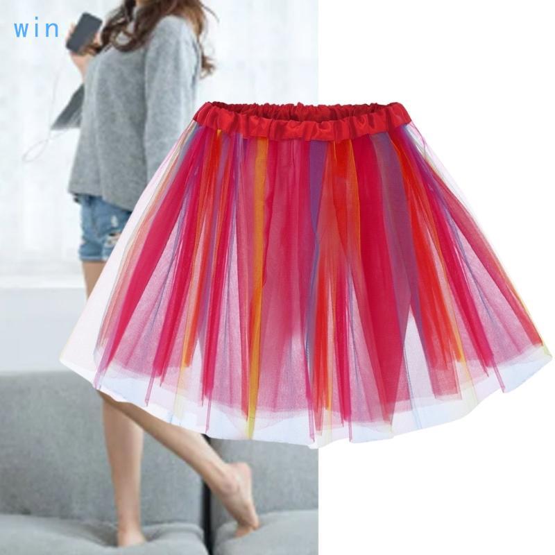 Win Womens Layered Pleated Tulle Skirt Rainbow Tutu Skirt Rainbow Puffy Skirt