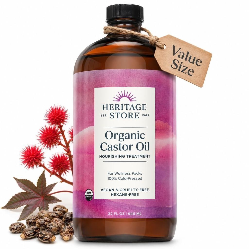 HERITAGE STORE Organic Castor - 32oz Glass - Nourishing Treatment for Hair Care - Eyelash Serum for 