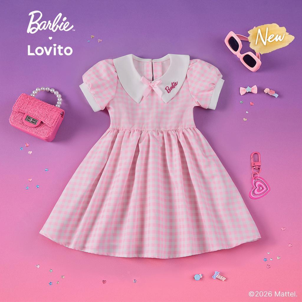 (New Arrival) Barbie™ X Lovito Kids ชุดเดรสสีชมพูเด็กผู้หญิง ฤดูใบไม้ผลิ/ร้อน ทรงปลายขาเข่า ปักลายและสีตัดกัน เกาหลี อินเทรนด์ LBL5AD027