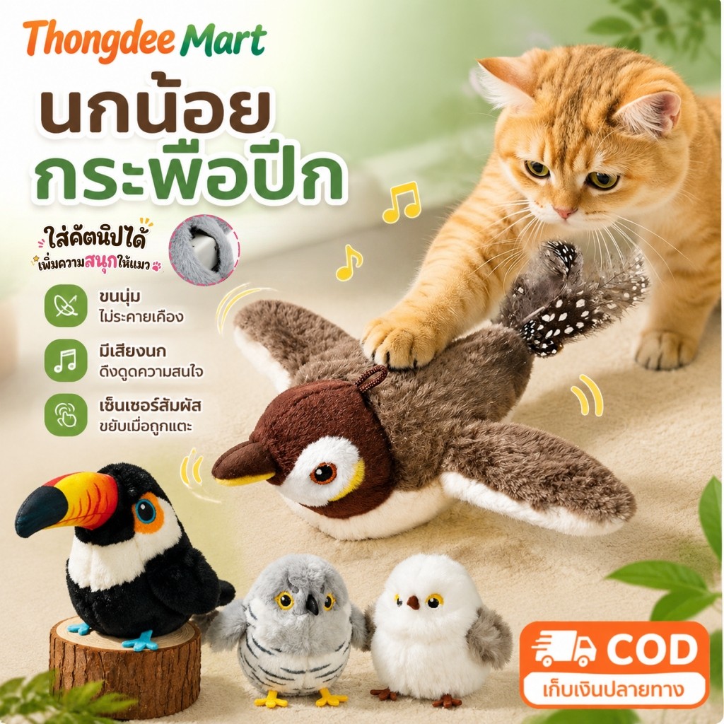 ของเล่นแมวโต้ตอบ นกมีเสียง ปีกขยับได้ ของเล่นแมวแบบโต้ตอบ นกบินอัตโนมัติ สามารถใส่คัตนิปได้ เพิ่มความสนุกให้แมว