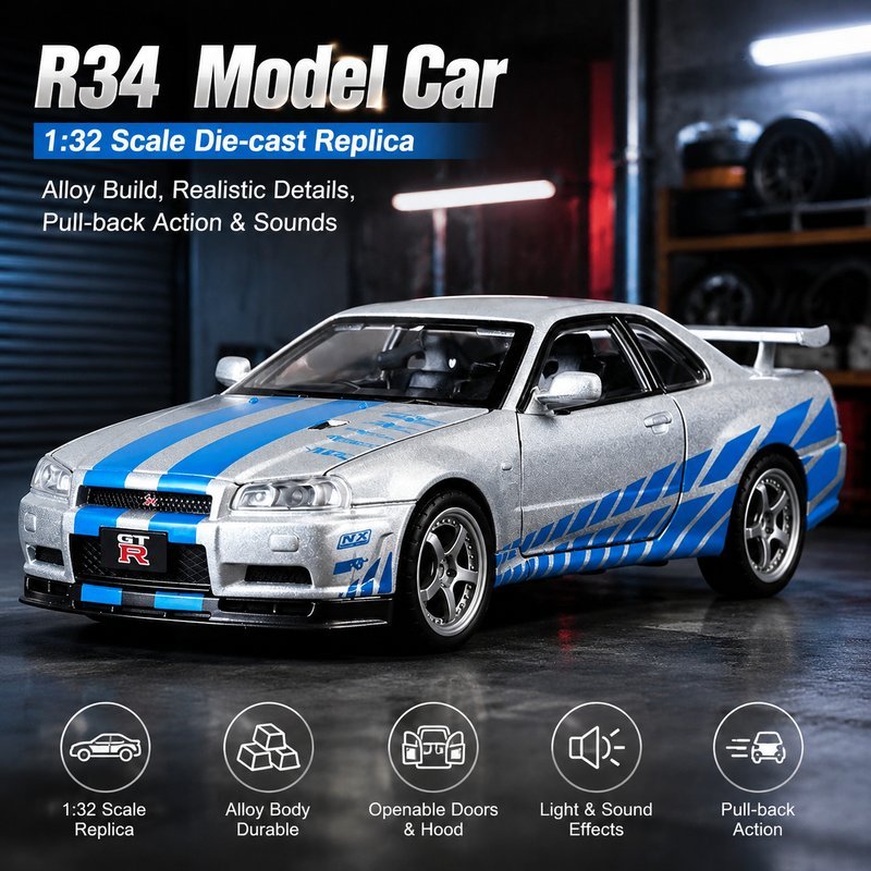 โมเดลรถเหล็ก R34 สกายไลน์ 1:32 รถของเล่นดึงกลับ มีไฟเสียง สีเงิน เปิดประตูได้ สำหรับตั้งโชว์และคอลเล