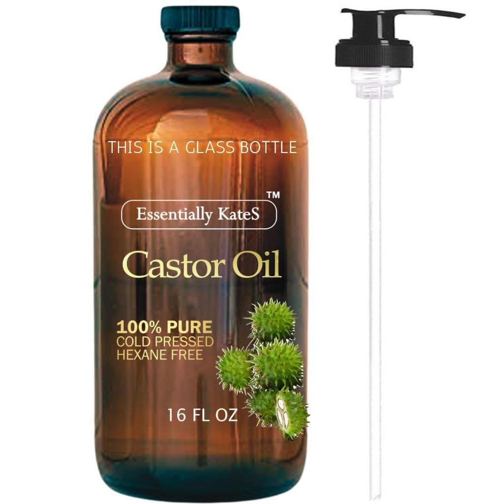 EssentiallyKateSCastorOil16FlOz(GlassBottle)-Original-AHugeGlassBottlewithaPump-100% Pureand,ColdPre