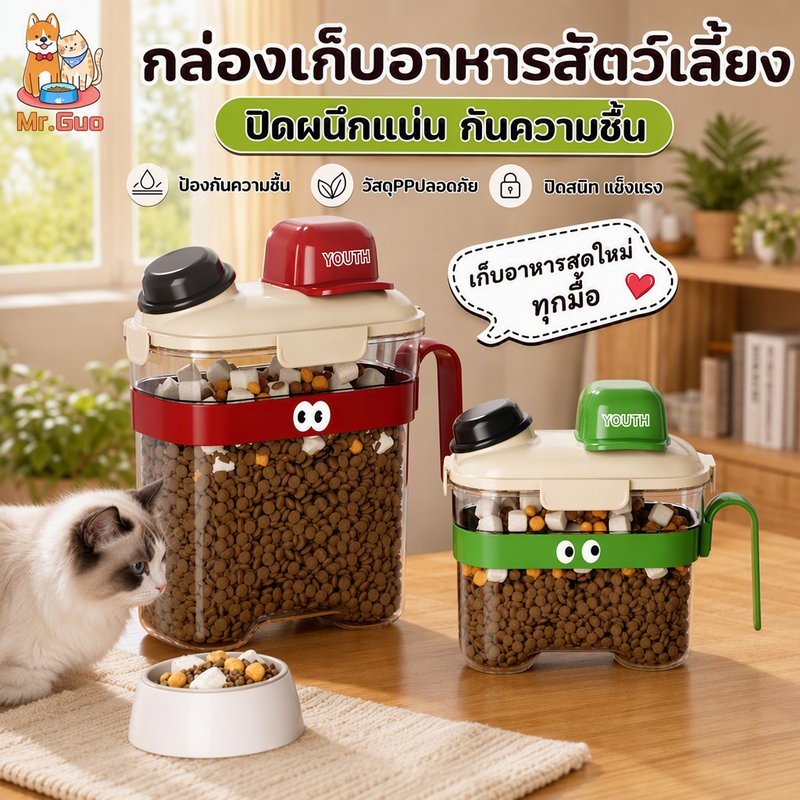 กล่องอาหารสัตว์เลี้ยง ขวดใส่อาหารแห้ง ใส่อาหารแมว รูปร่างน่ารัก ฝาปิดแน่น กันความชื้น วัสดุPPปลอดภัย